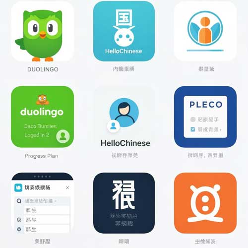 Smartphone screens showing multiple Chinese learning apps including Duolingo, HelloChinese, Pleco and character writing apps with Chinese characters and study interfaces displayed