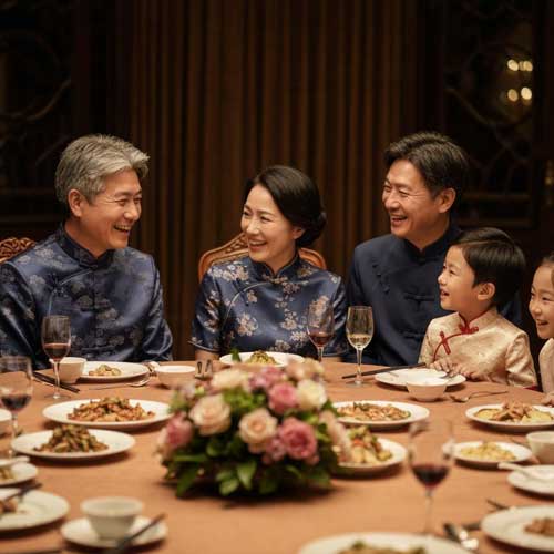 Elegant Chinese family dining scene demonstrating proper table manners, chopstick etiquette, and traditional shared meal culture at round table
