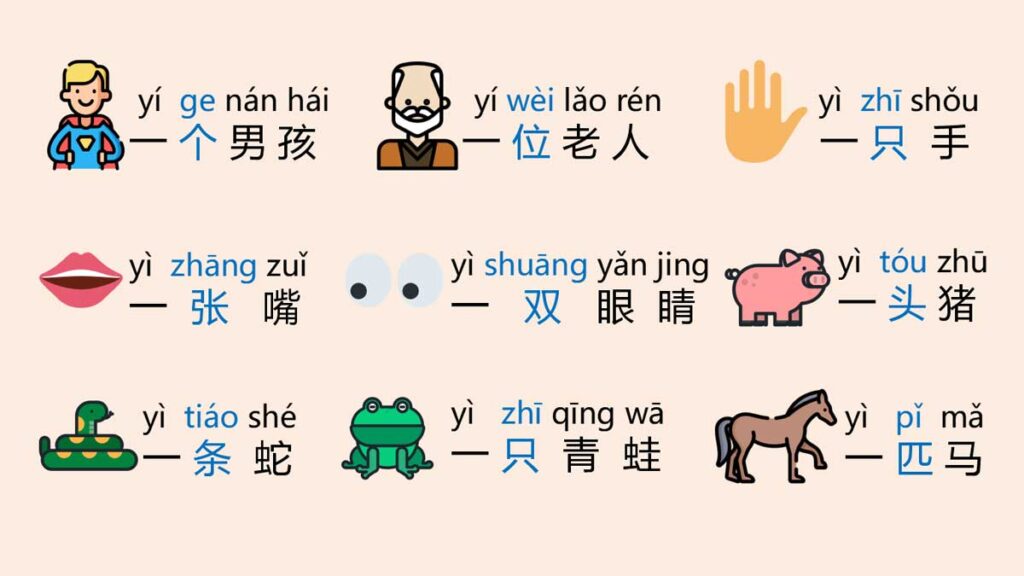 Infographic showing common Chinese measure words organized by category with icons and examples