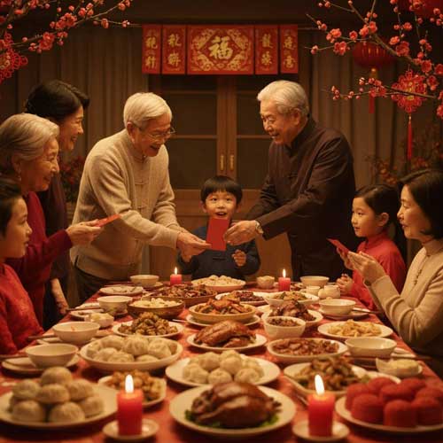 Traditional Chinese New Year family reunion dinner with multiple generations, red decorations, lanterns, and festive foods representing Spring Festival traditions