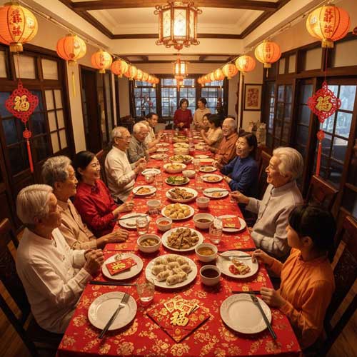 Traditional Chinese New Year reunion dinner with family gathered around table decorated with red lanterns, dumplings, and festive decorations