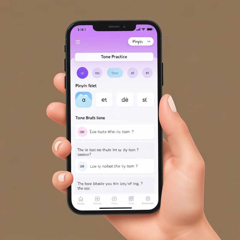Student using mobile app to practice Chinese tones and pinyin