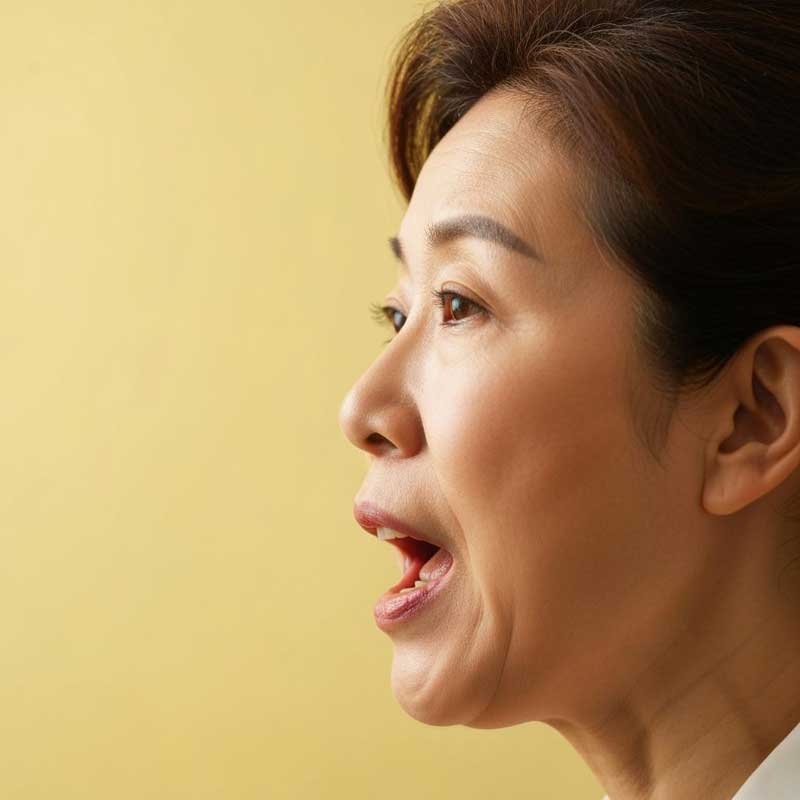 Teacher demonstrating proper mouth position for Chinese tone pronunciation