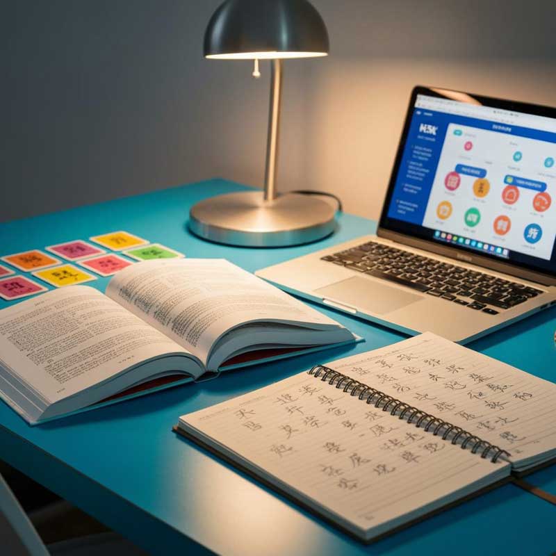 HSK 1 study materials including textbook, flashcards and notebook for learning Chinese