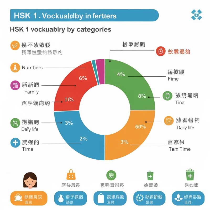Visual breakdown of HSK 1 vocabulary organized by topic categories