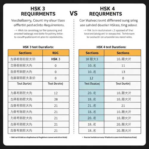 Infographic comparing vocabulary, test format and duration between HSK 3 and HSK 4