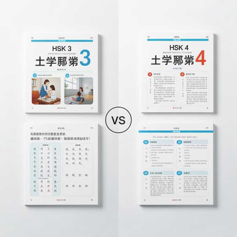 Side-by-side comparison of HSK 3 and HSK 4 Chinese proficiency exam textbooks