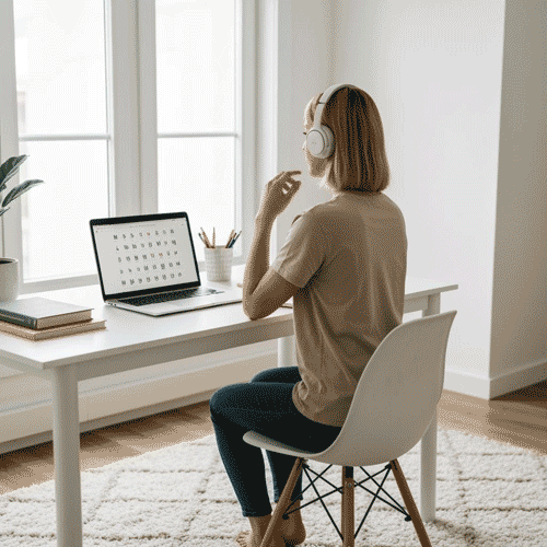 Student studying Mandarin Chinese pronunciation with online tools.