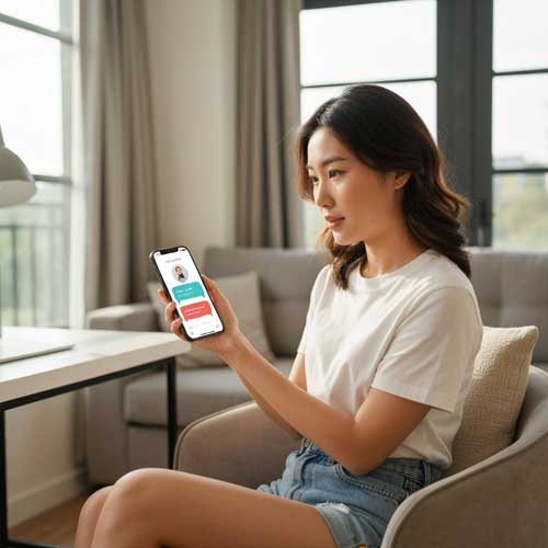Woman practicing Mandarin Chinese speaking using mobile app at home