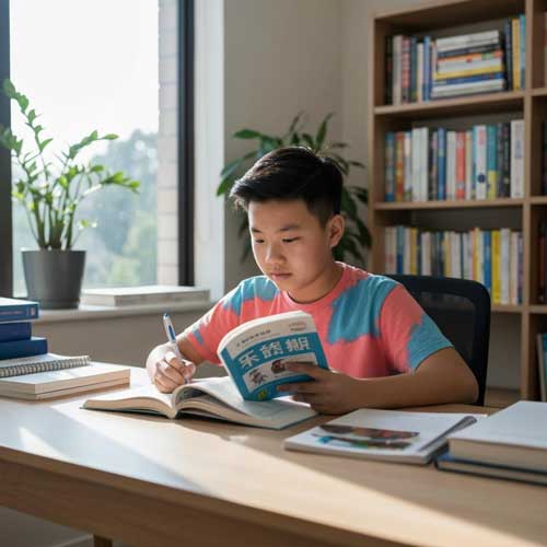 Student preparing for intermediate level HSK Chinese proficiency exam