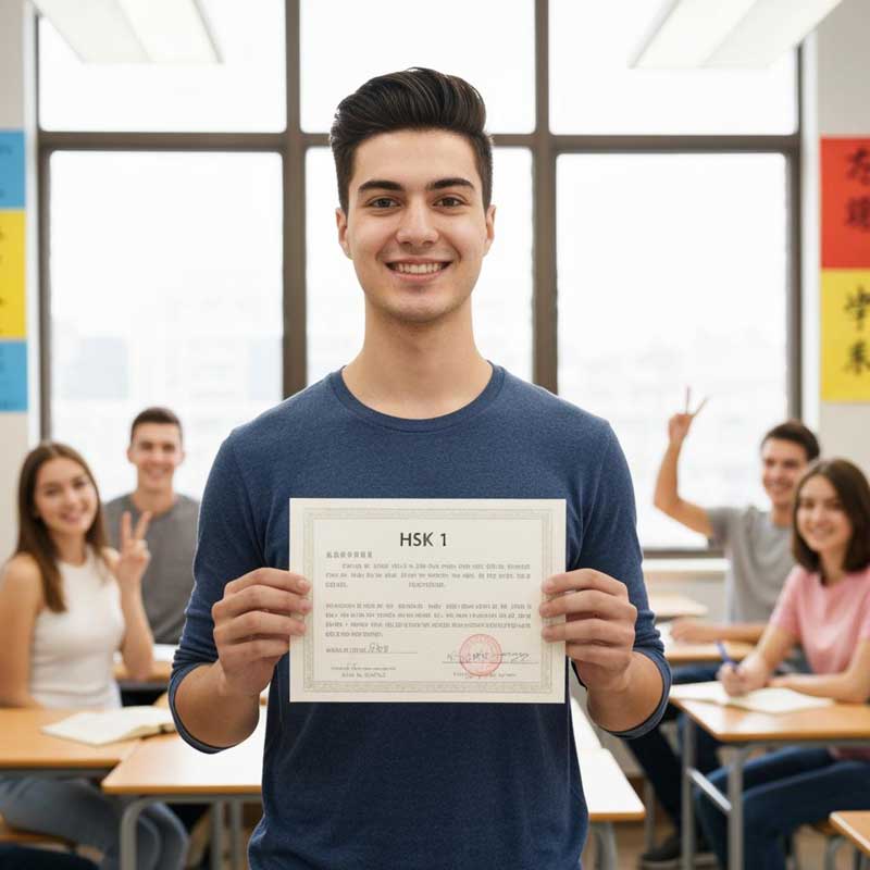 Student celebrating after passing HSK 1 Chinese proficiency exam