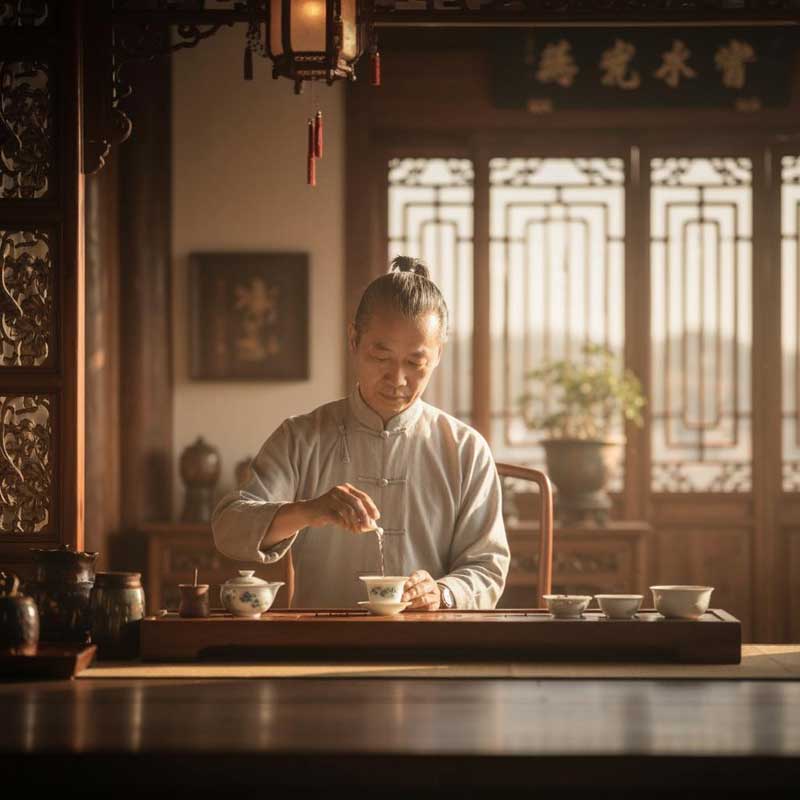 Elegant Chinese tea ceremony scene showing traditional gongfu tea preparation with gaiwan, porcelain cups, and tea master demonstrating proper technique