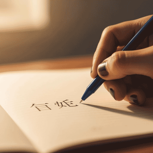 Hand writing the Chinese phrase 你好 (hello) in notebook