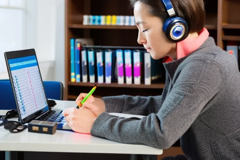 Chinese language student taking HSK listening test practice with audio